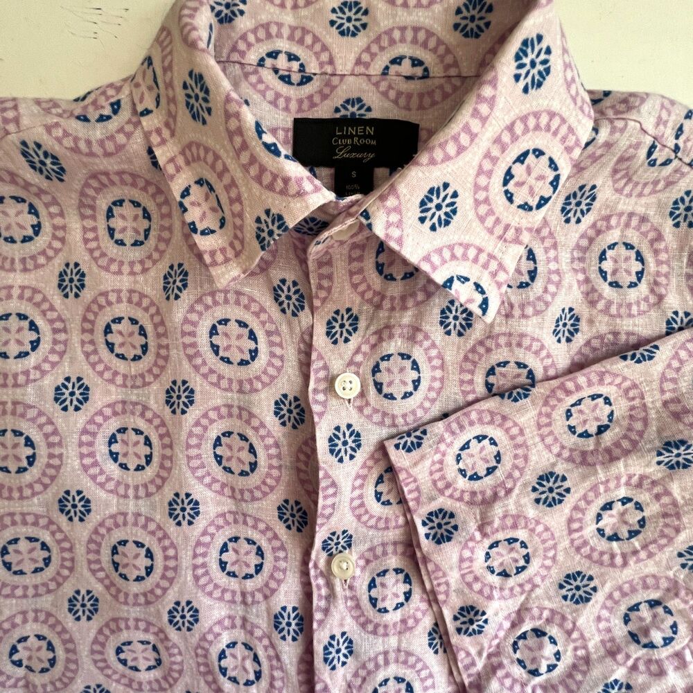 Club Room Luxury Mens Shirt S 100% Linen Pink Medallion Short Sleeve Button Up